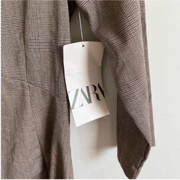 Zara Secretary sheath dress brown check plaid pencil fitted shoulder pads - Picture 5 of 10